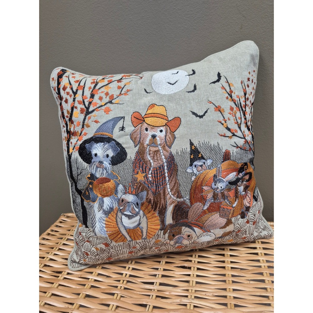 Pier 1 Halloween 15x15 Embroidered Dogs Pumpkin Throw Pillow Fall Costume Decor
